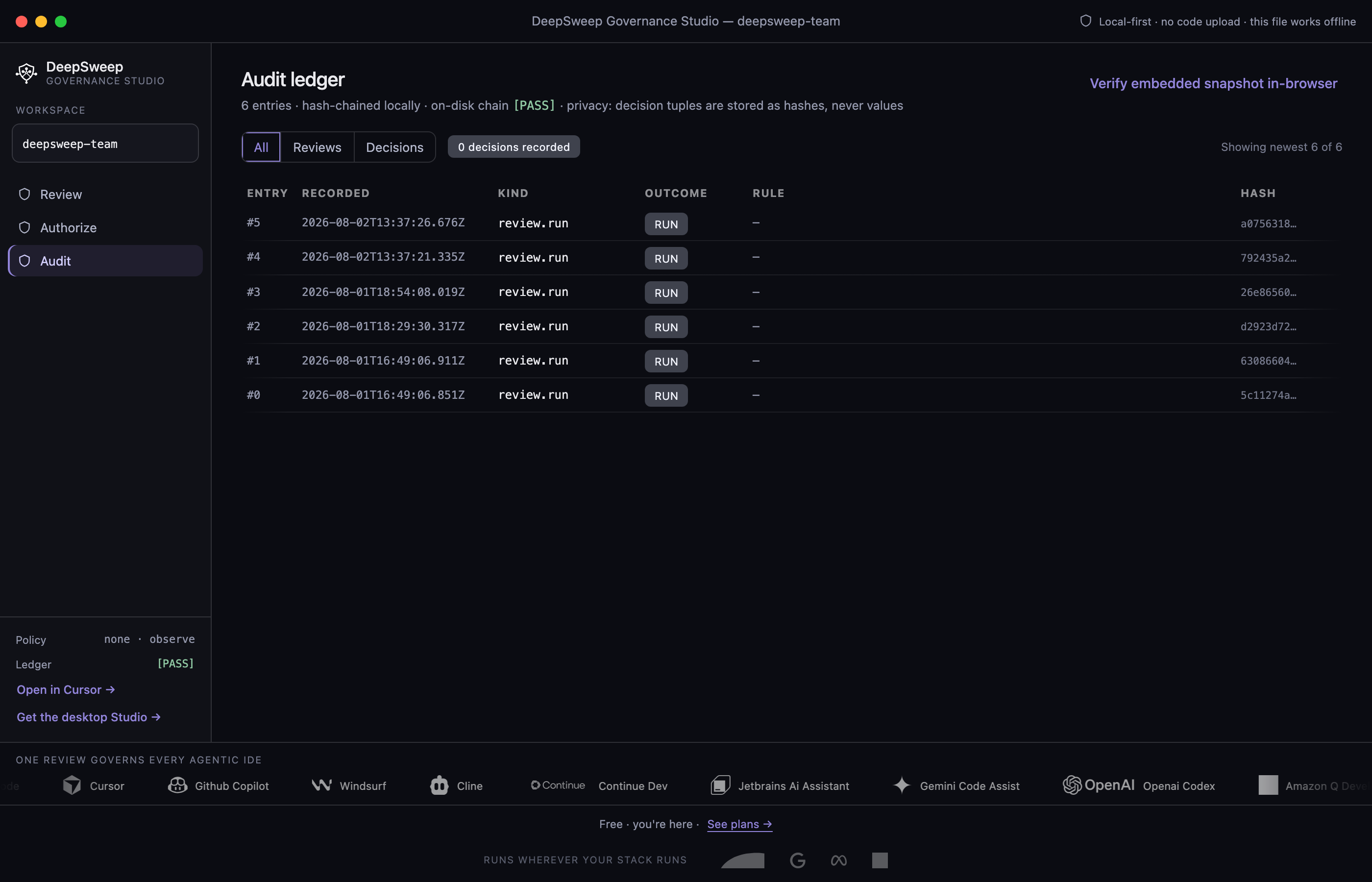 DeepSweep Studio Audit — decision record preview